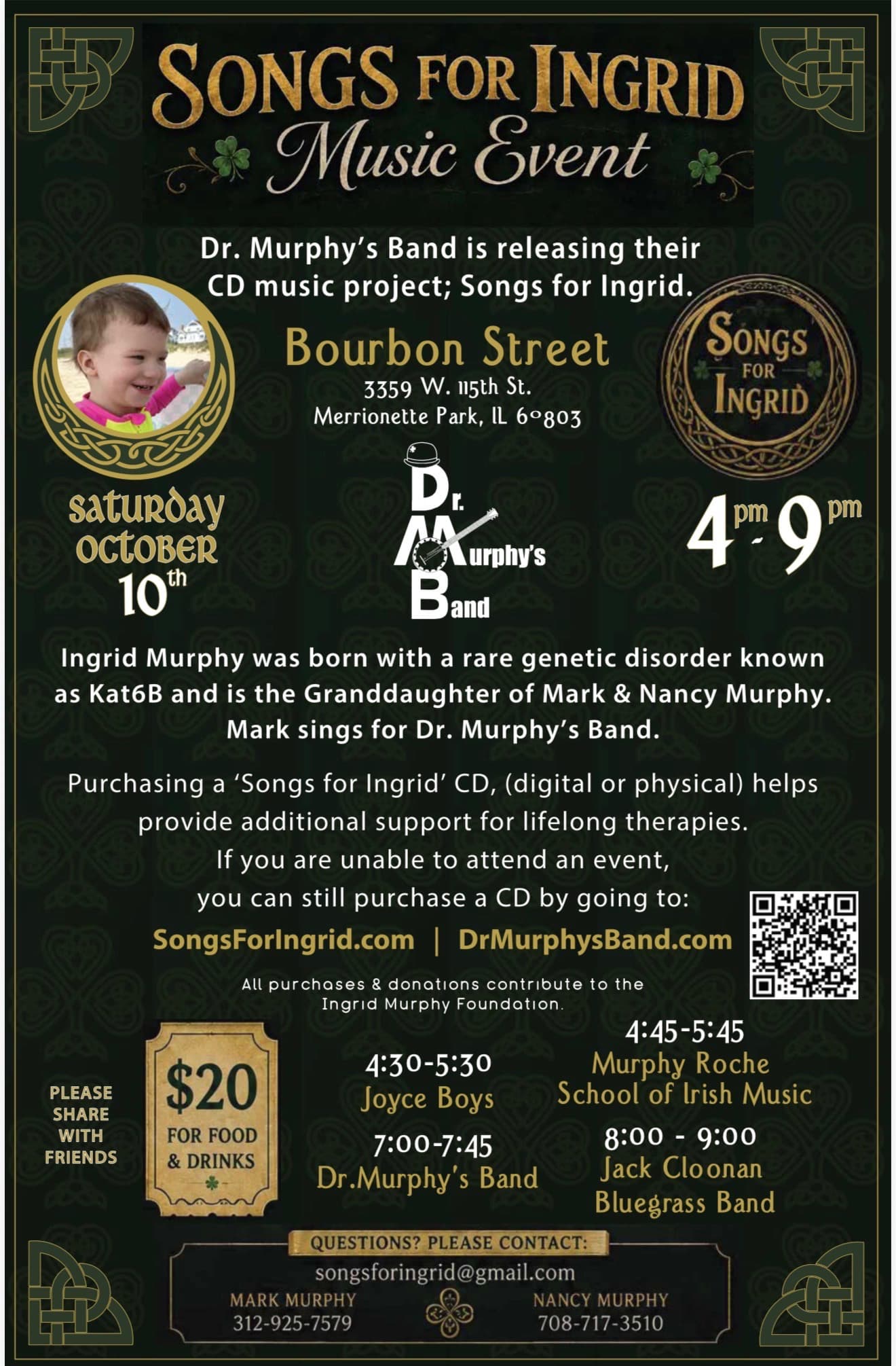 Songs for Ingrid Music Event flyer — Saturday October 10th, 4–9 pm at Bourbon Street in Merrionette Park