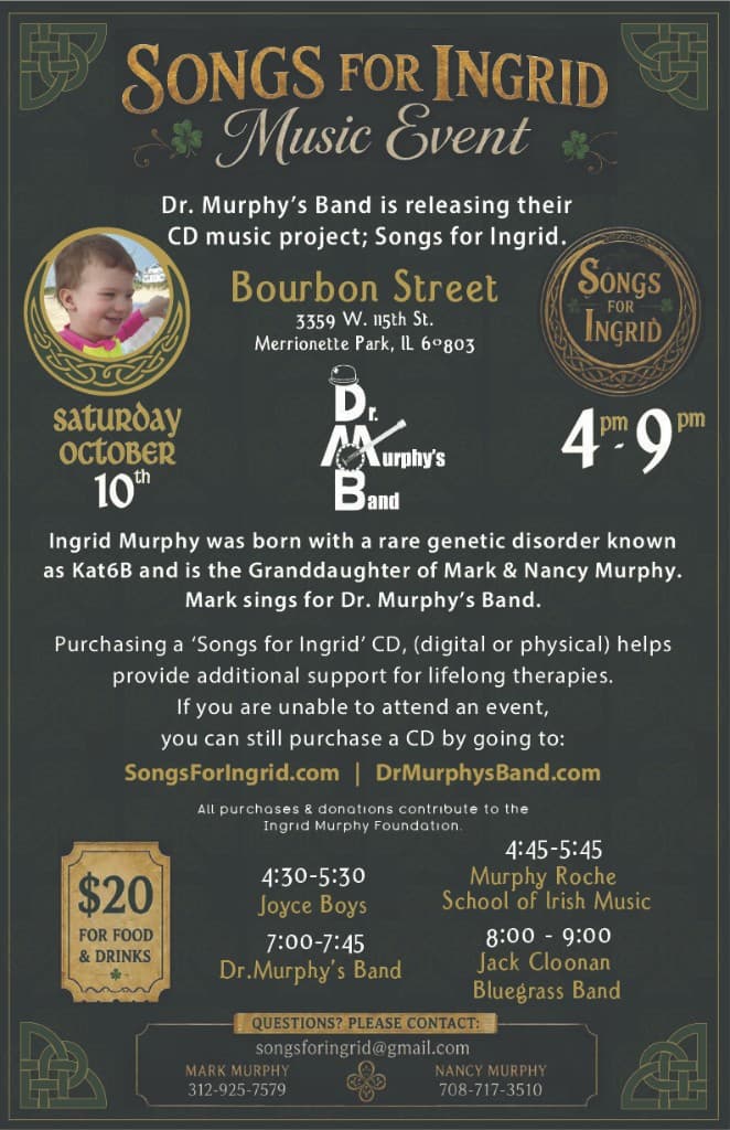 Songs for Ingrid Music Event flyer — Saturday October 10th, 4–9 pm at Bourbon Street in Merrionette Park